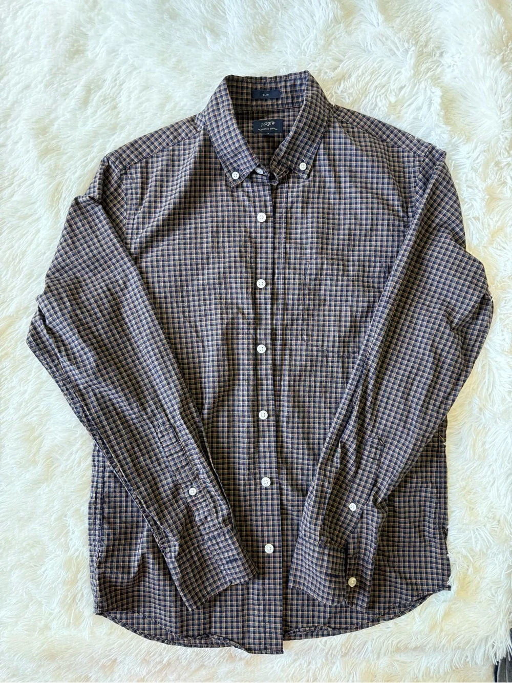 J. Crew Men's Brown and Blue Checked Button-Down Shirt